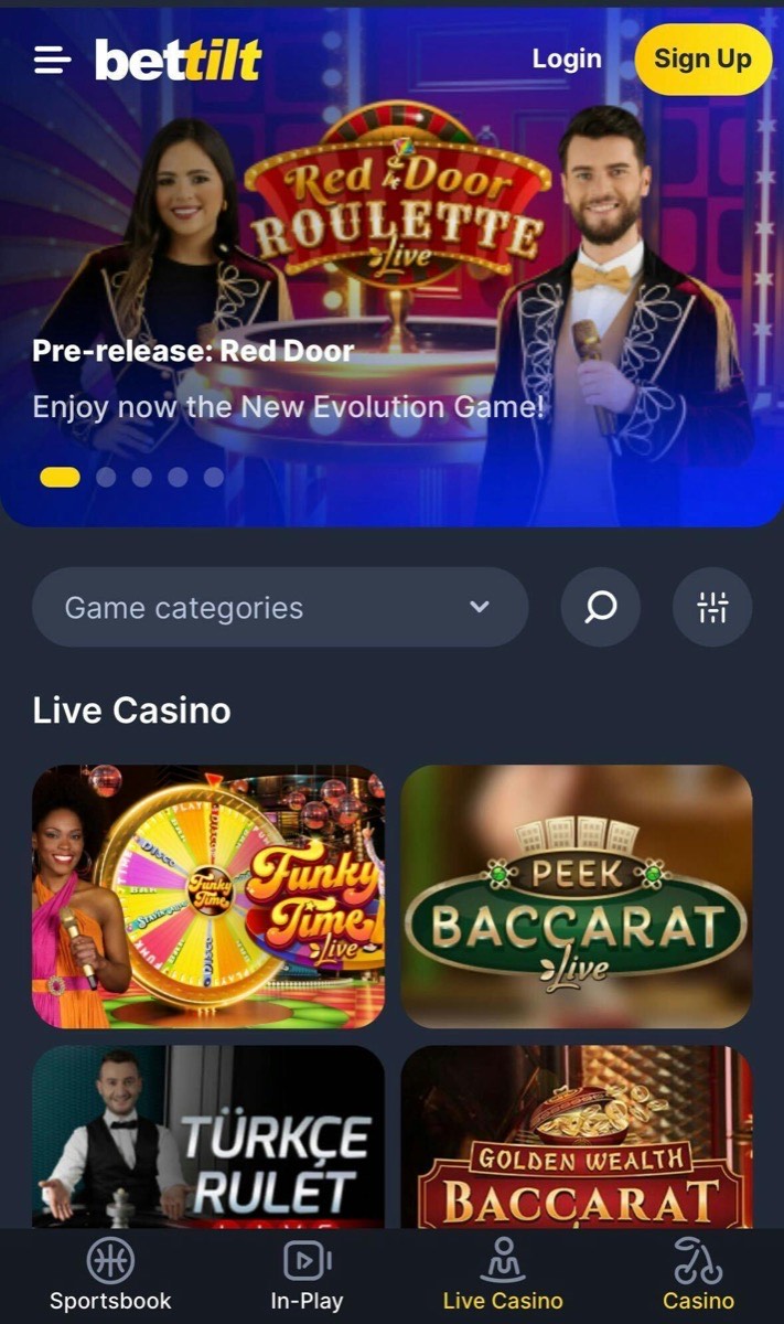 Bettilt mobil canlı casino uygulaması ekran görüntüsü